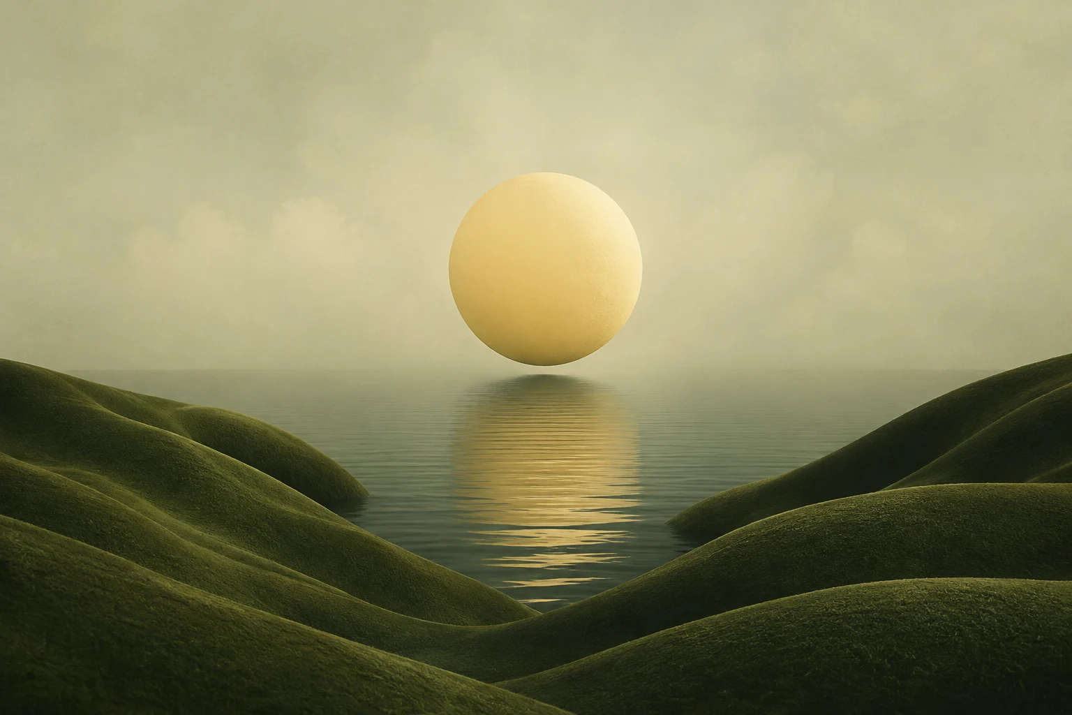 A pale golden sun floating over still water between sculptural green hills